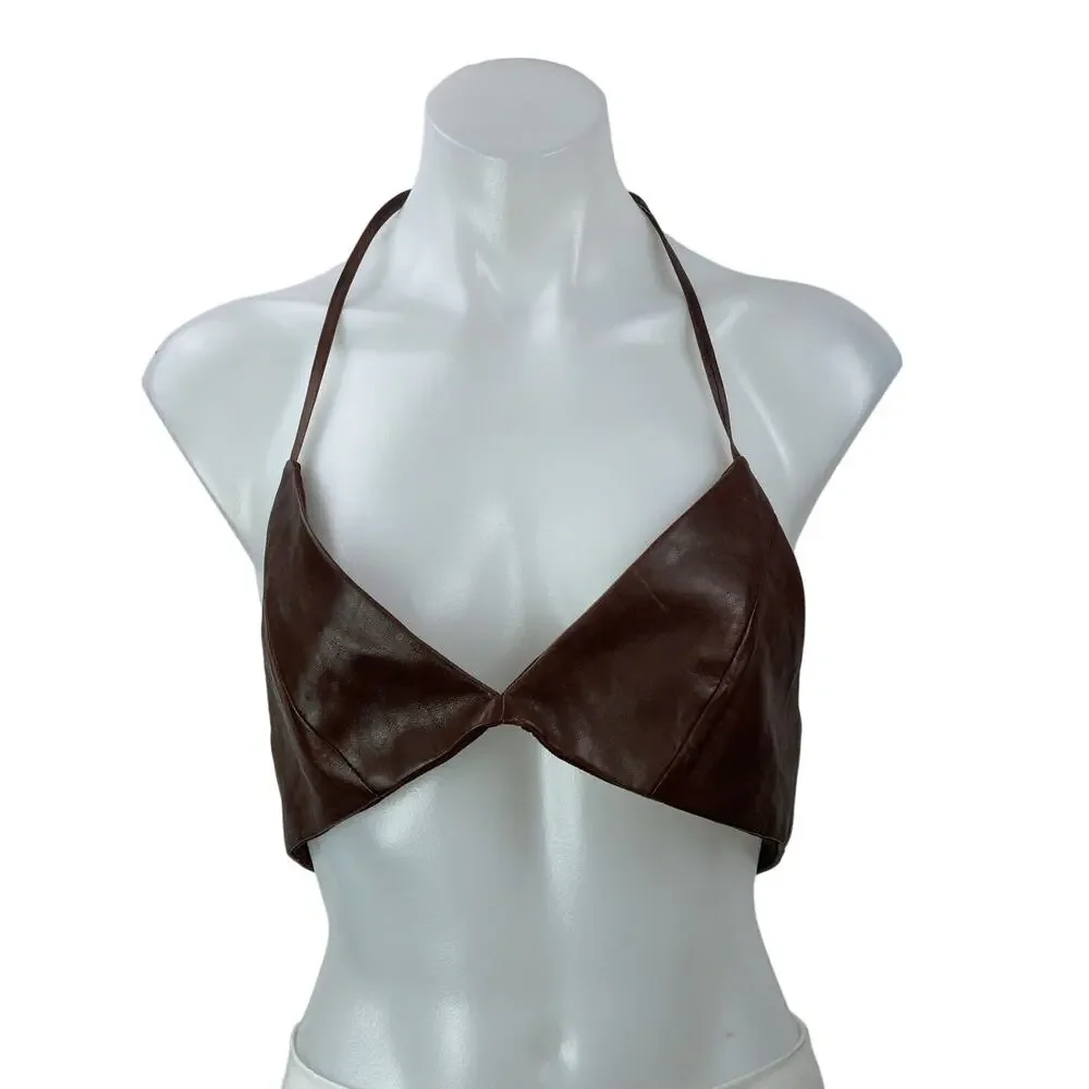Lamarque Melka Brown 100% Leather Halter V Neck Strappy Triangle Crop Top Size S